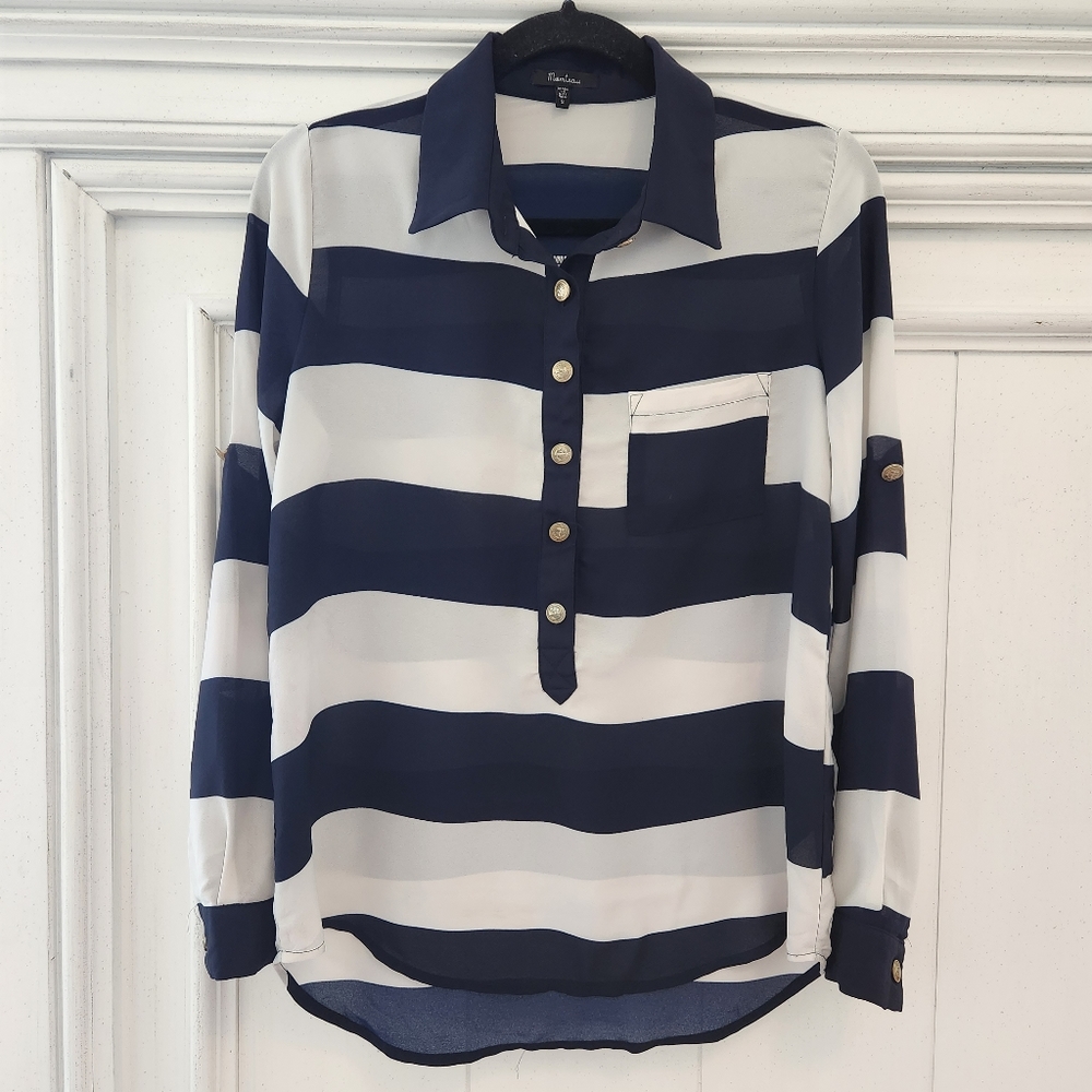 Momteau Blue & White Striped Sheer Blouse Size Small💖